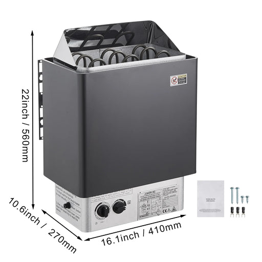 4.5KW Stainless Steel Sauna Heater, Wall-Mounted, 105-210 Cu.Ft, Internal Controller