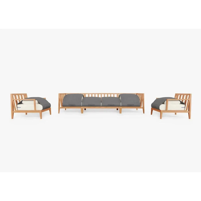 Live Outer 127" Teak Outdoor Sofa With Armchairs and Palisades Cream Cushion (6-Seat)