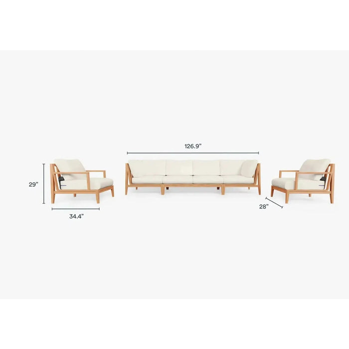 Live Outer 127" Teak Outdoor Sofa With Armchairs and Palisades Cream Cushion (6-Seat)
